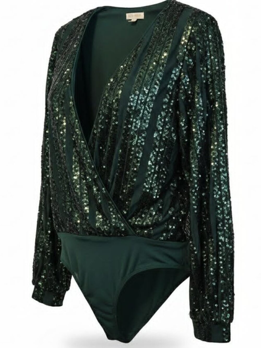FLYING TOMATO Size L Dark Green Sequin Long Sleeved Bodysuit Deep V-Neckline